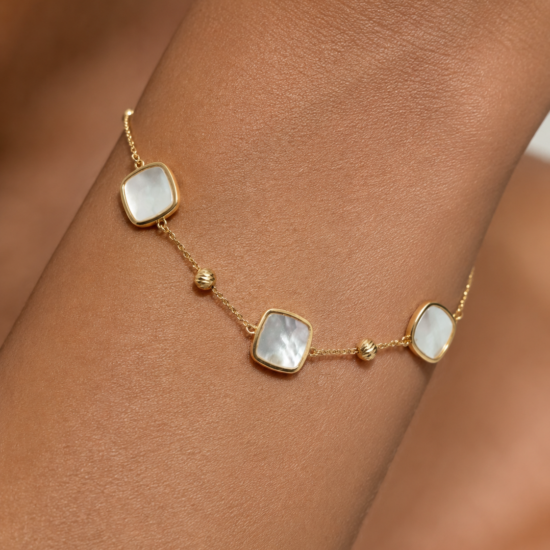 14K Yellow Gold Mother of Pearl Station Bracelet