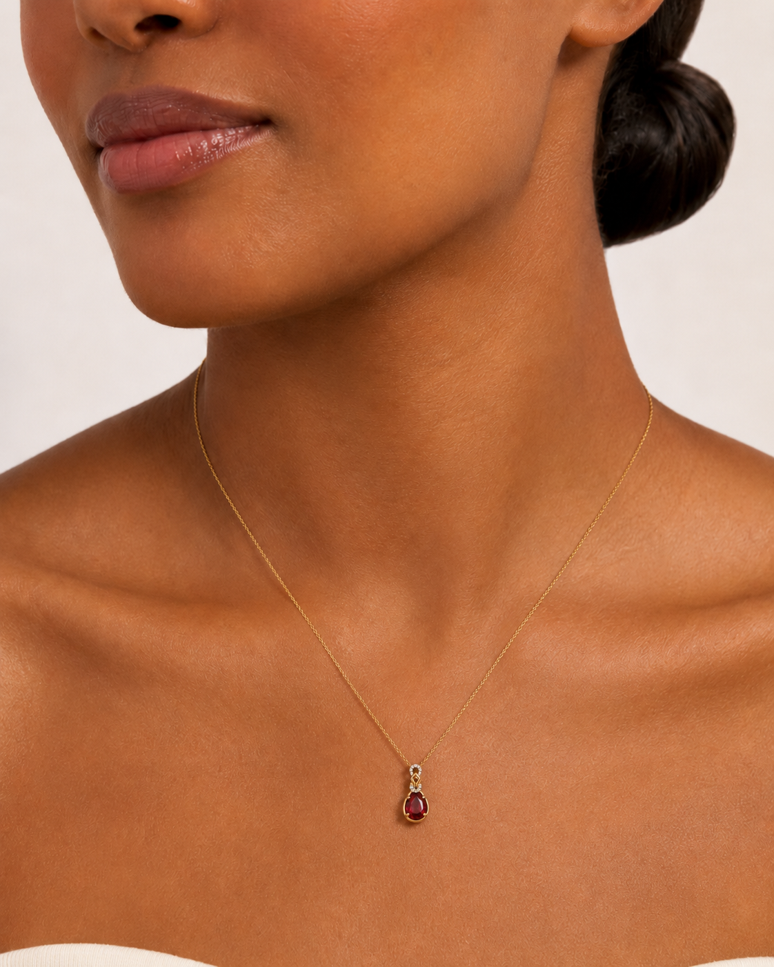14K Yellow Gold Garnet Halo Drop with Diamond Pendant Necklace