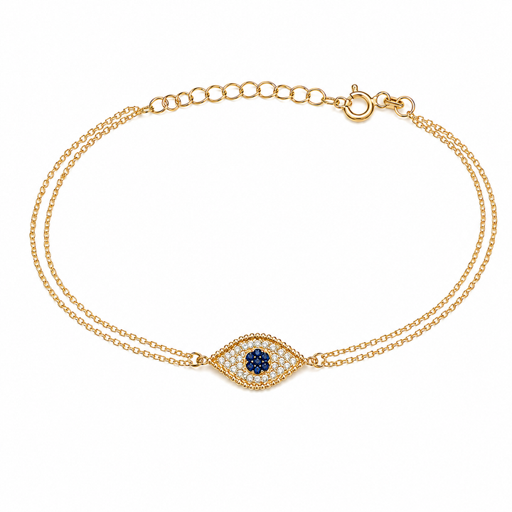 14K Yellow Gold Cubic Zirconia Evil Eye Double Chain Bracelet 6.5"