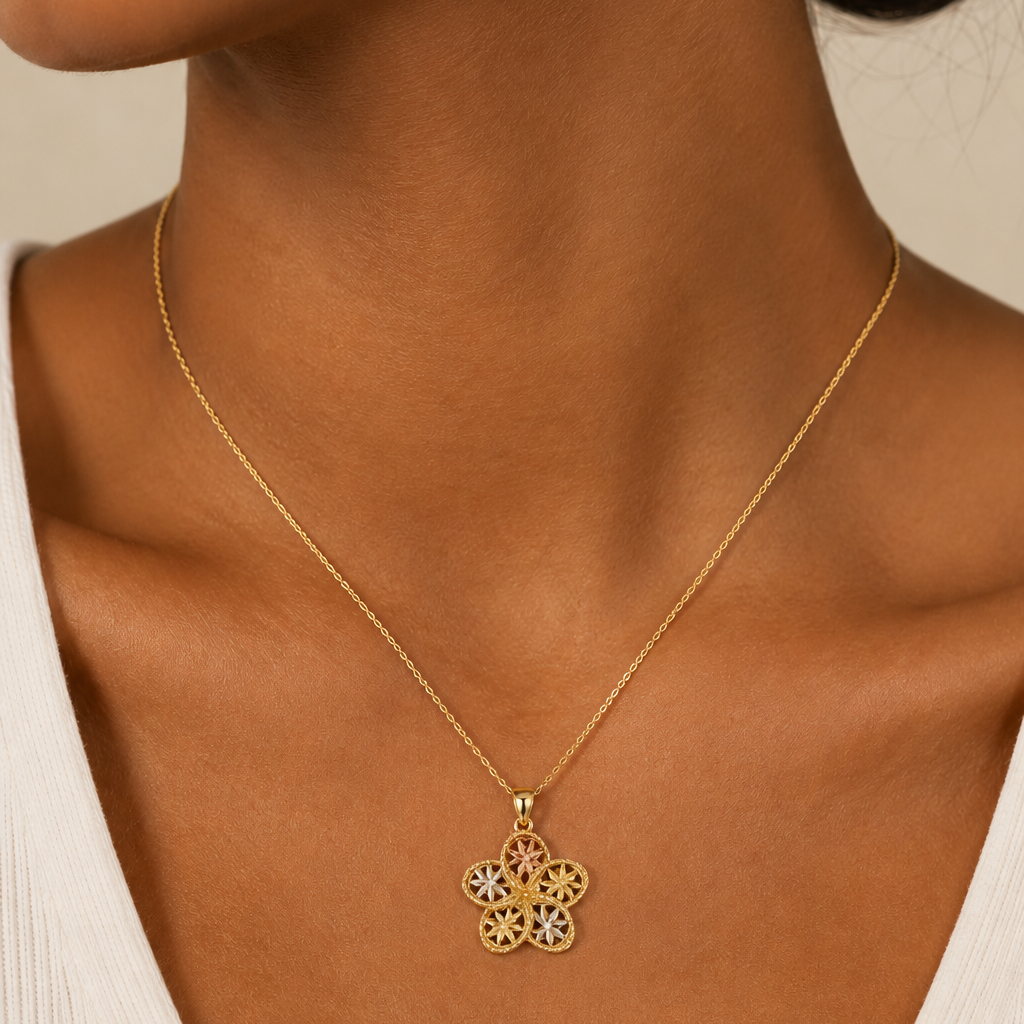 10K Tri-Tone Gold Filigree Flower Pendant