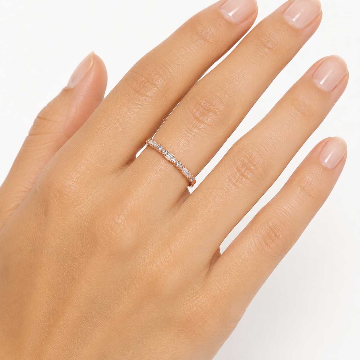 10k Rose Gold Baguette and Round Diamonds Slim Band