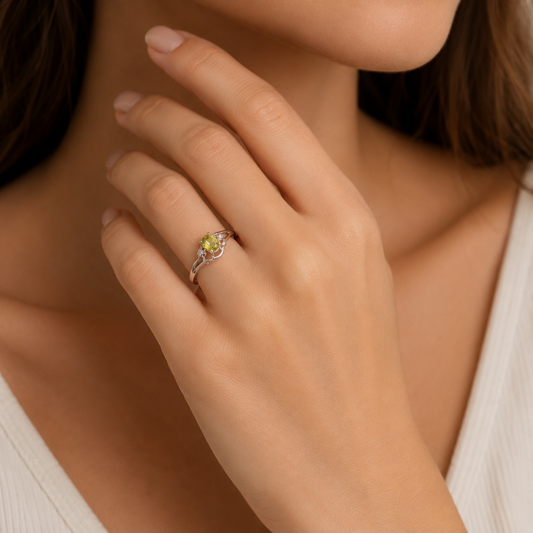 10K White Gold Oval Peridot and Diamond Promise Ring