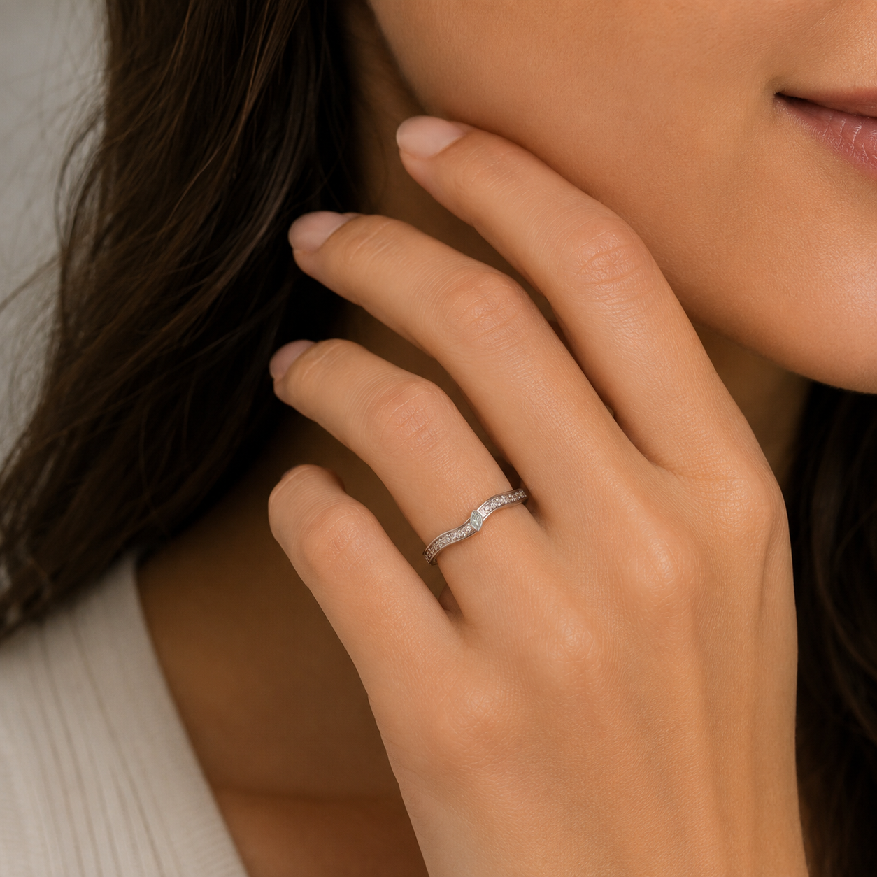 10K  White Gold Ring  Marquise Diamond Open Filigree Ring