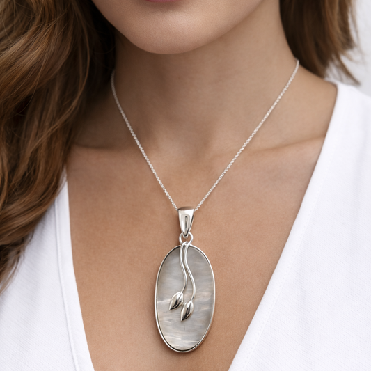 925 Sterling Silver Mother of Pearl Twin Lily Bud Pendant