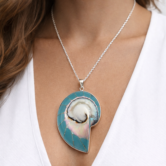 925 Sterling Silver Turquoise Inlay Shell Style Pendant