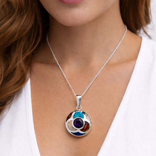 925 Sterling Silver Multicolor Enamel Pendant with Purple CZ