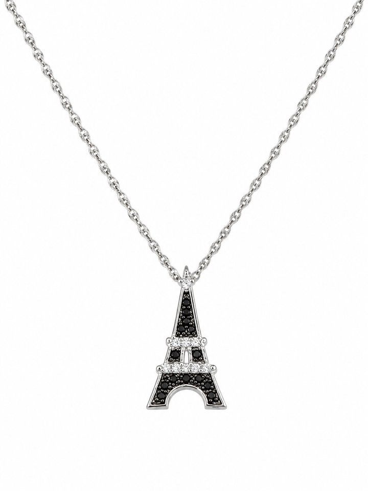 925 Sterling Silver Eiffel Tower with Onyx Necklace
