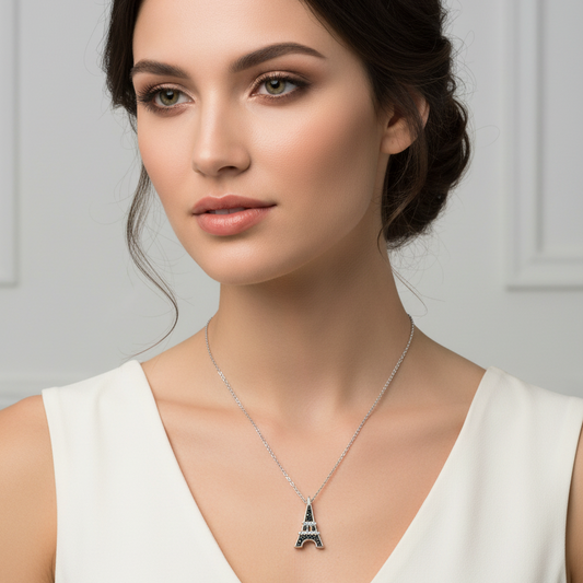 925 Sterling Silver Eiffel Tower with Onyx Necklace