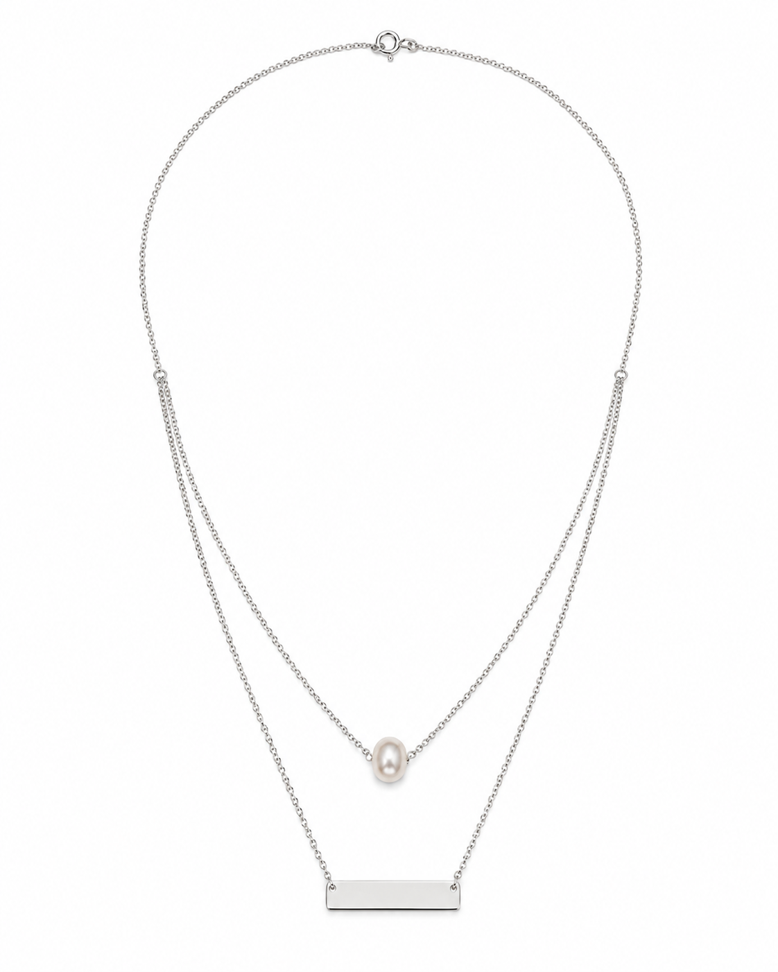 925 Sterling Silver Layered Pearl & Bar Necklace