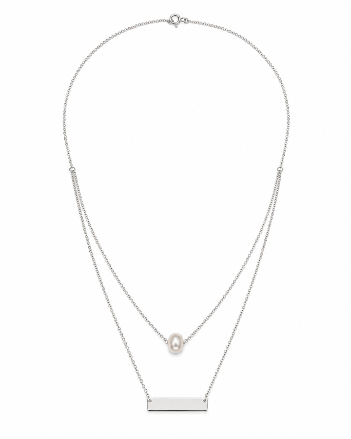 925 Sterling Silver Layered Pearl & Bar Necklace