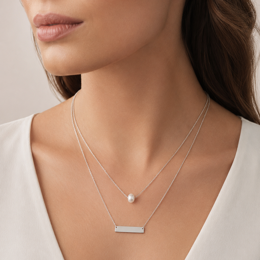 925 Sterling Silver Layered Pearl & Bar Necklace