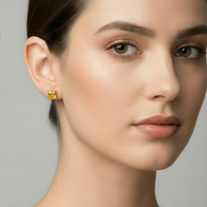 Yellow Gold Stud Earrings with Emerald Cut Citrine, 10k