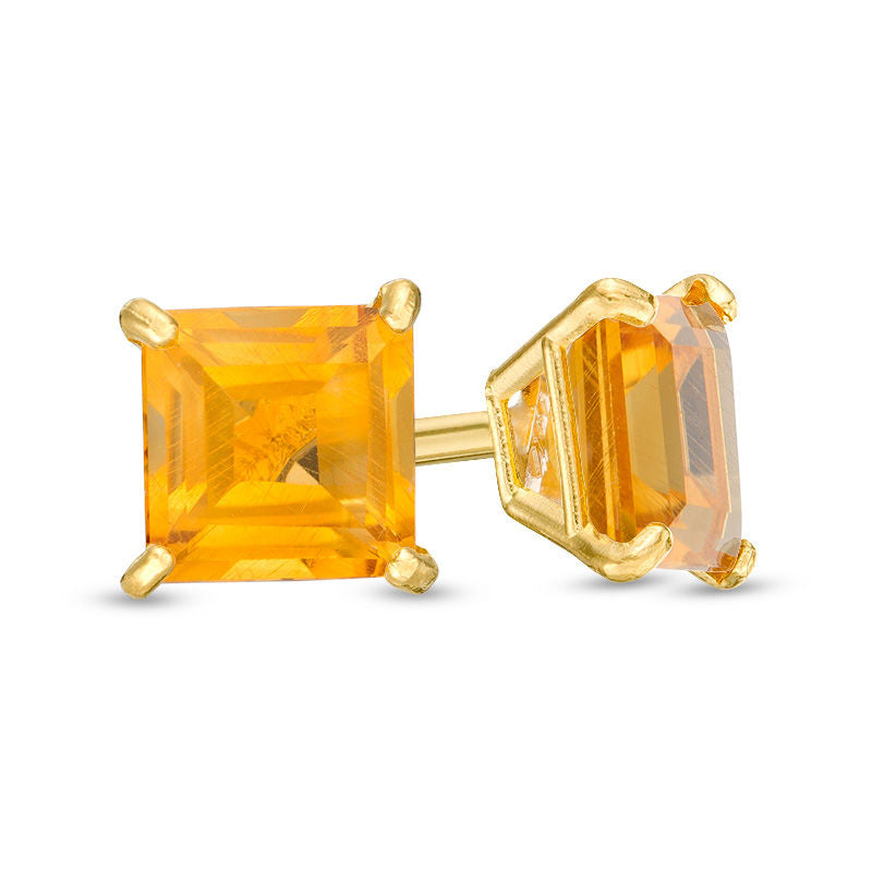 Yellow Gold Stud Earrings with Emerald Cut Citrine, 10k