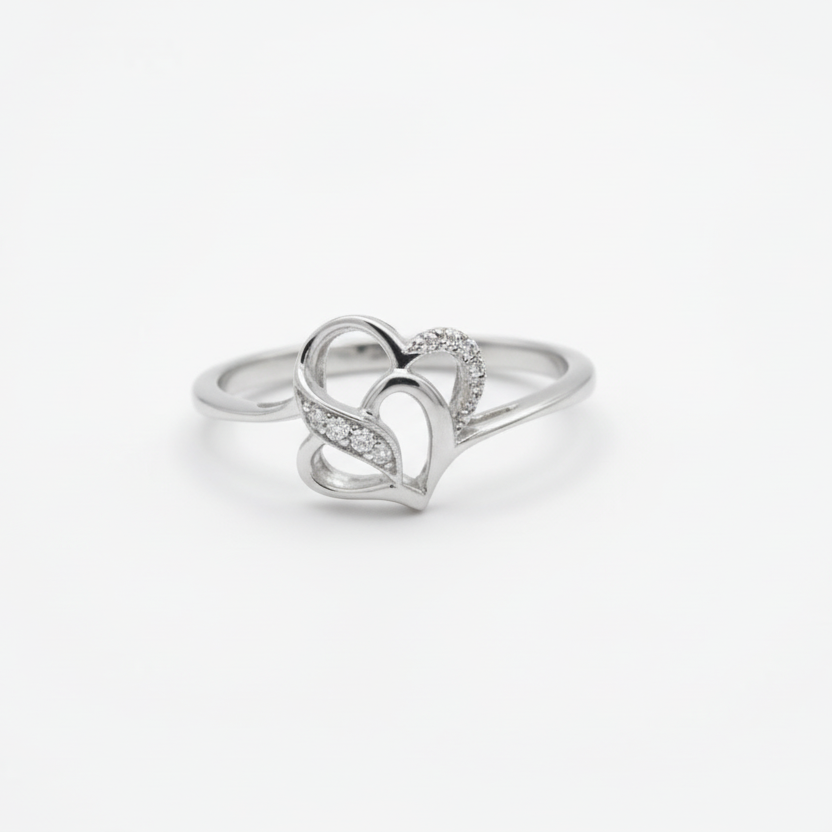 925 Sterling Silver Interlocking Double Heart Diamond Ring