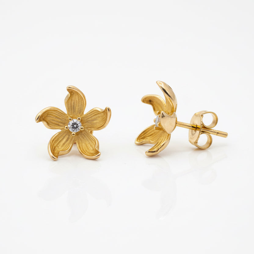 Yellow Gold Textured Five-Petal Flower Gold Stud Earrings with Cubic Circonia Accent