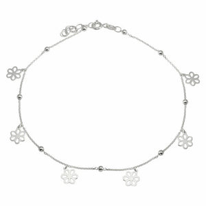 925 Sterling Silver Rhodium Plated Dangling Flower Anklets