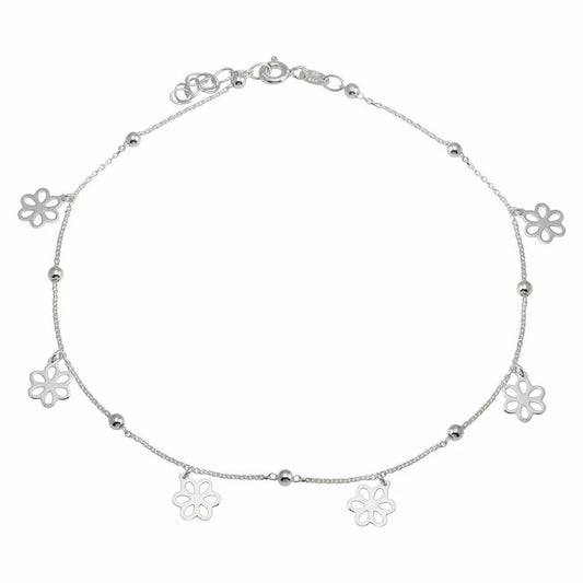 925 Sterling Silver Rhodium Plated Dangling Flower Anklets