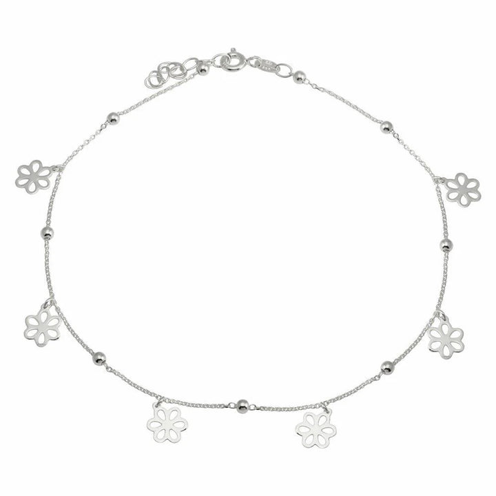 925 Sterling Silver Rhodium Plated Dangling Flower Anklets