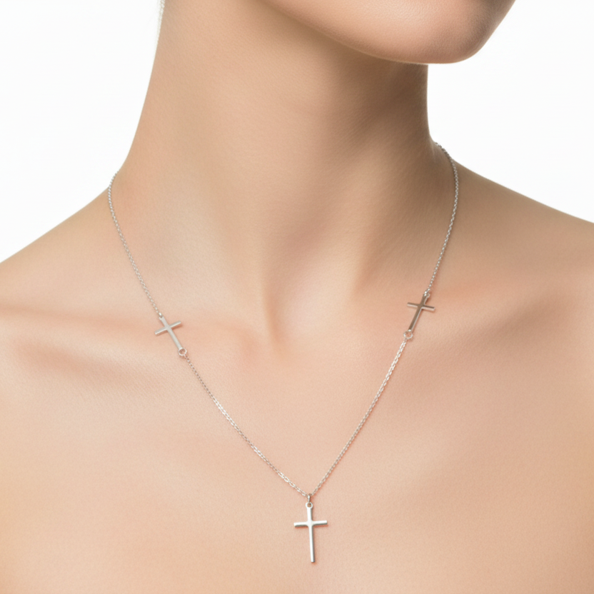 925 Sterling Silver Rhodium Plated 3 Crosses Necklace