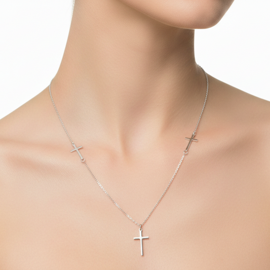 925 Sterling Silver Rhodium Plated 3 Crosses Necklace