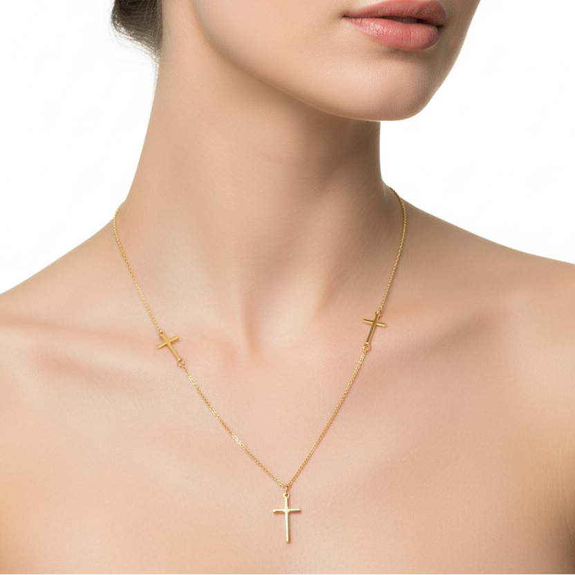 925 Sterling Silver Gold Plated 3 Crosses Necklace