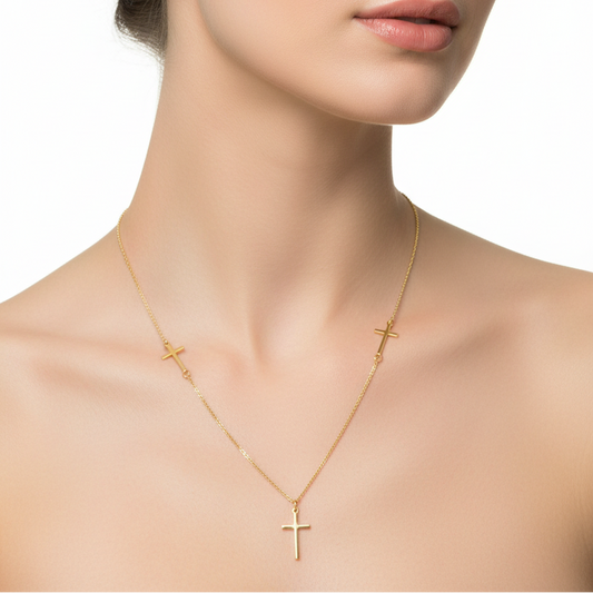 925 Sterling Silver Gold Plated 3 Crosses Necklace