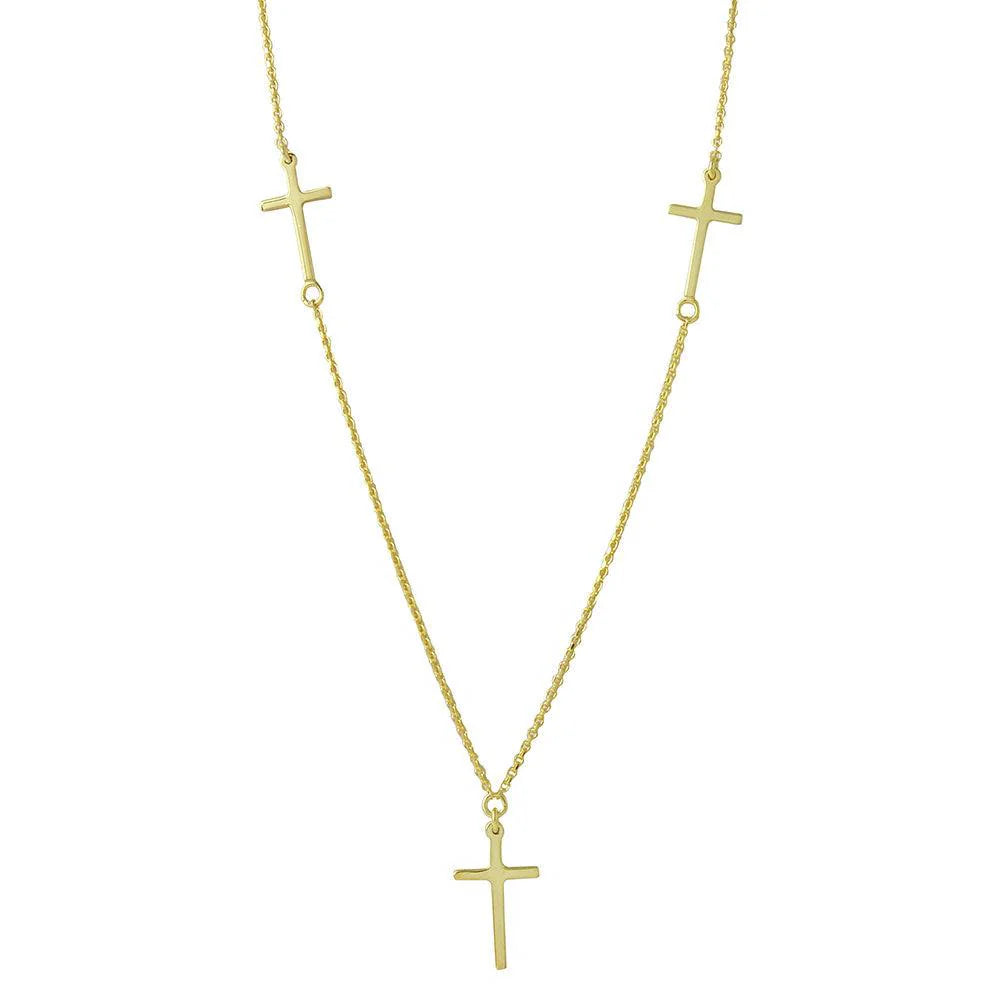 925 Sterling Silver Gold Plated 3 Crosses Necklace