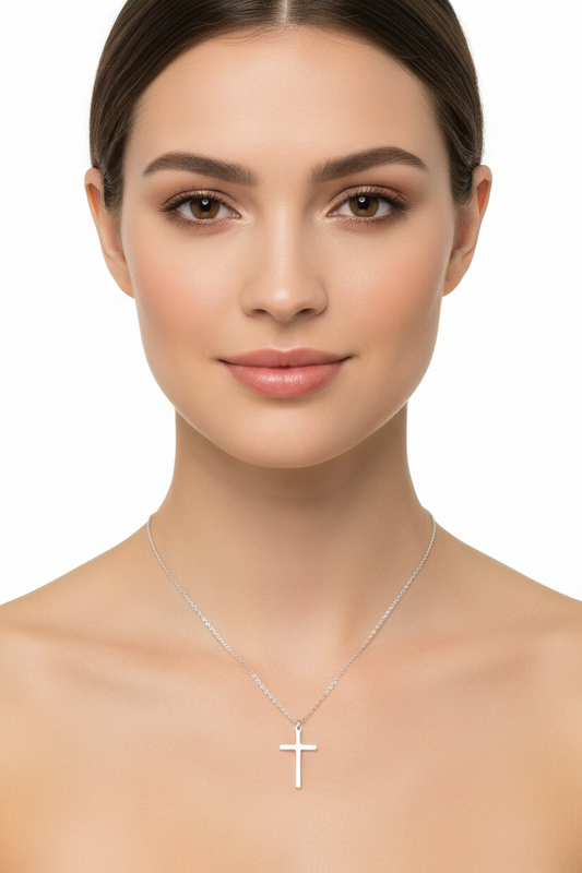 Sterling Silver Rhodium Plated Cross Necklace, 925