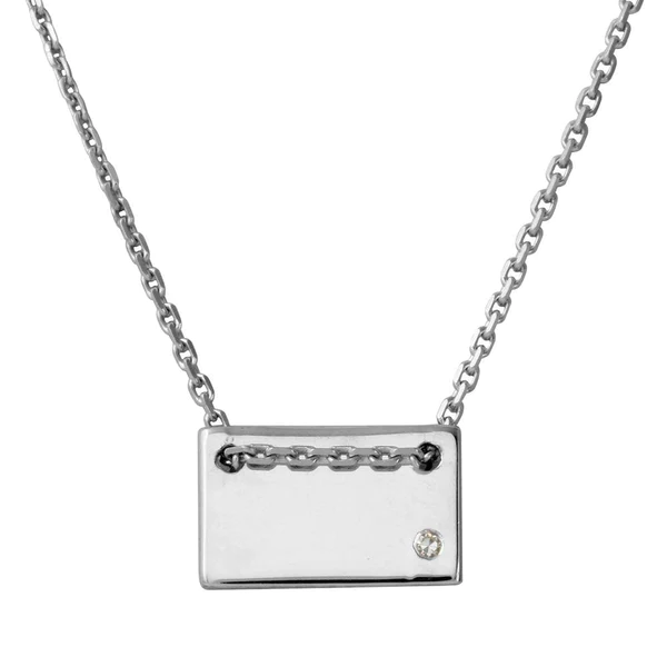 Silver Rhodium-Plated Engravable Small Rectangle Shaped Necklace with CZ