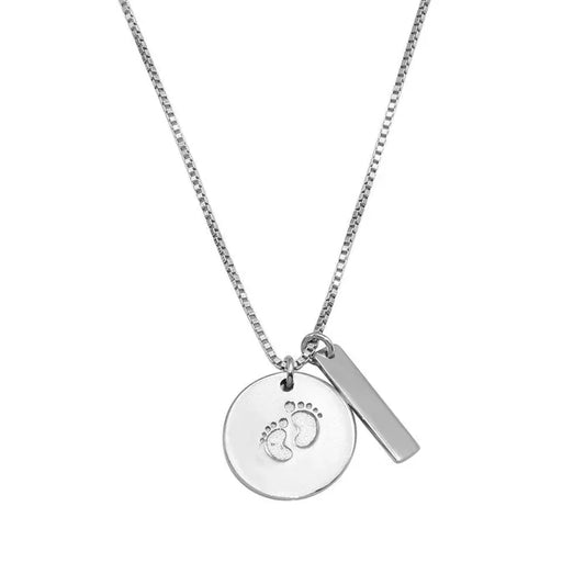 Rhodium Plated 925 Sterling Silver Disc Foot Print Box Chain Necklace