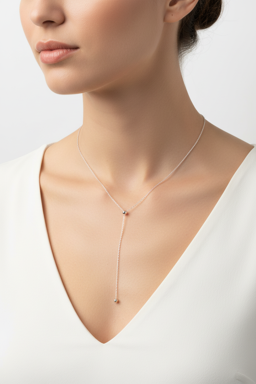 Rhodium Plated 925 Sterling Silver Adjustable Link Slider Chain with Hanging Bead