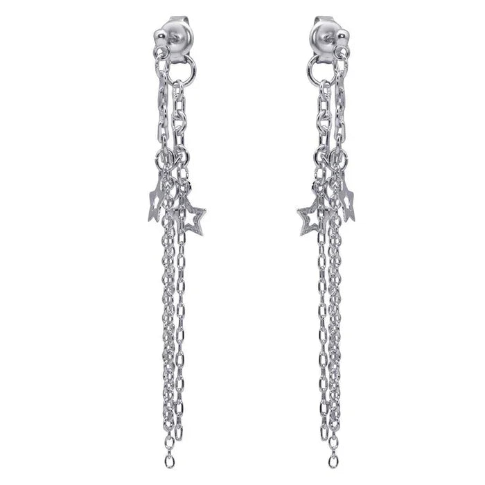 Silver 925 Rhodium Plated Multiple Wire Dangling Open Star Stud Earrings
