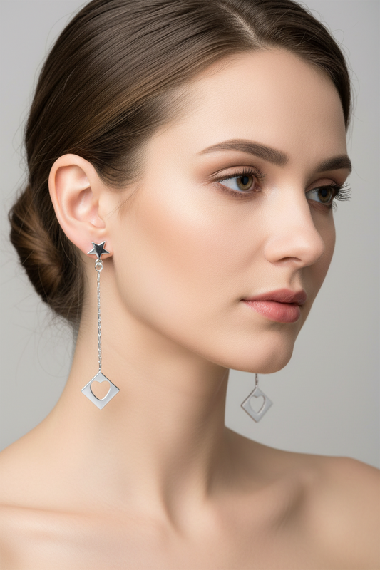 Silver 925 Rhodium-Plated Wired Dangling Square Open Heart Stud Earrings