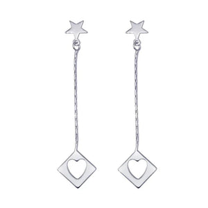 Silver 925 Rhodium-Plated Wired Dangling Square Open Heart Stud Earrings