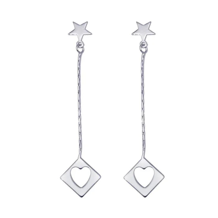 925 Sterling Silver Rhodium-Plated Wired Dangling Square Open Heart Stud Earrings