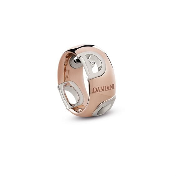 Italian Two-tone Rose and White Gold D Icon Ring setting with one Natural Diamond, 0.03ct, 18k