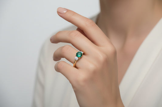 18k Yellow Gold Oval Shape Emerald and Forevermark Diamond Ring.