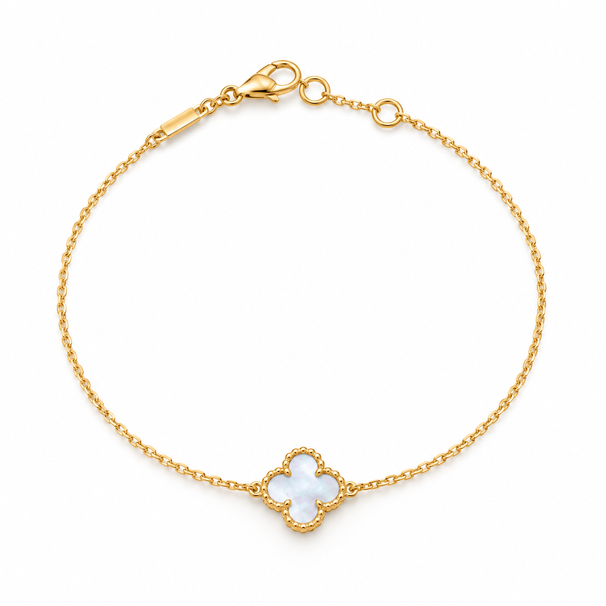 Premium 18K Yellow Gold Four-Leaf Clover Bracelet with Lustrous Mother-of-Pearl & Fine Beaded Detailing