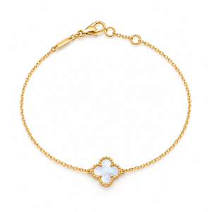 Premium 18K Yellow Gold Four-Leaf Clover Bracelet with Lustrous Mother-of-Pearl & Fine Beaded Detailing