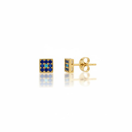 18k Yellow Gold CZ Evil Eyes Square Stud Earrings