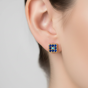 18k Yellow Gold CZ Evil Eyes Square Stud Earrings