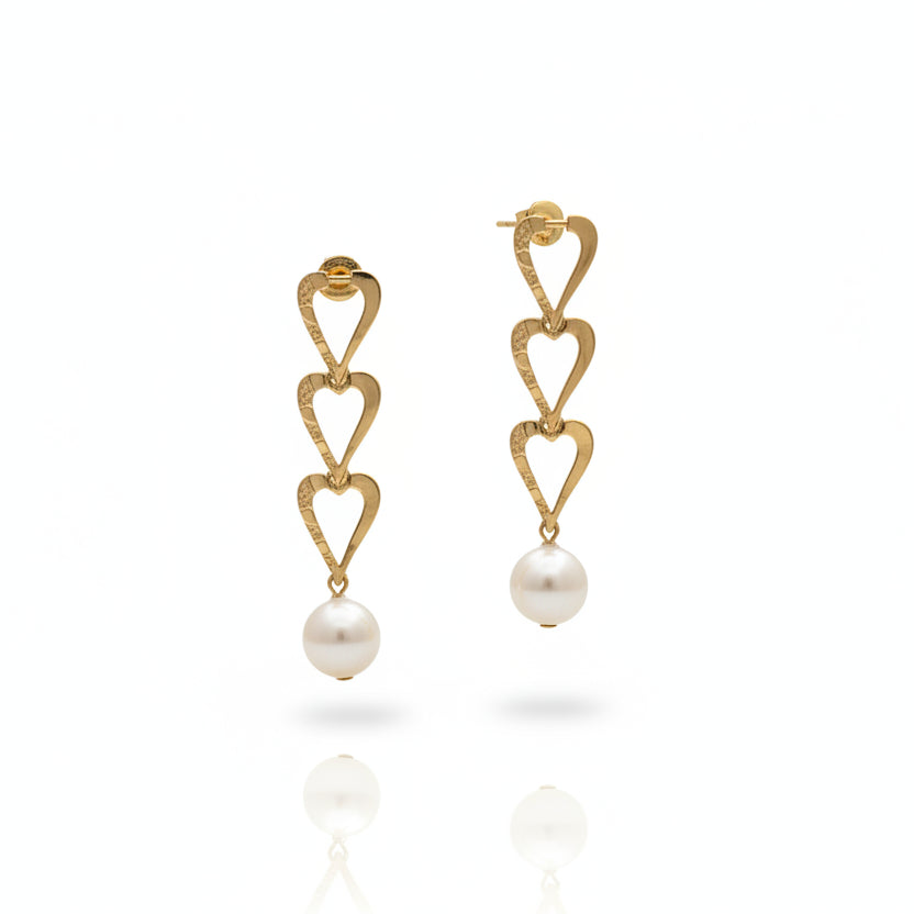 14K Yellow Gold Heart Dangling Earrings with Pearl Accent