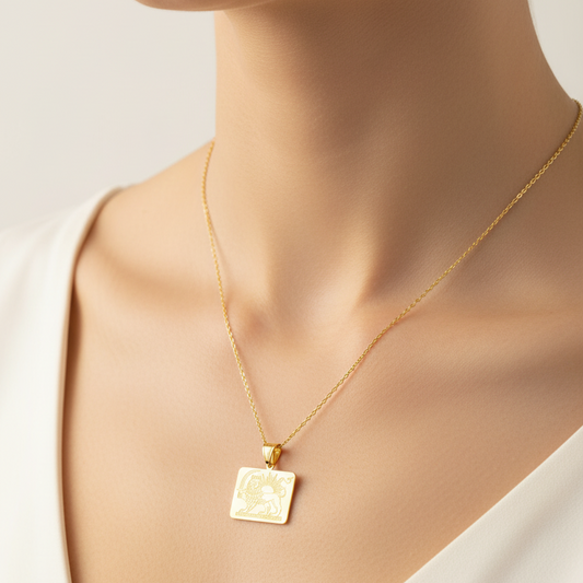 18K Yellow Gold Iranian Lion and Sun Engraved Pendant