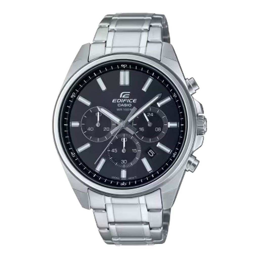 Casio Edifice Black Dial Steel Chronograph Watch 43.5mm EFV-650D-1AV front view