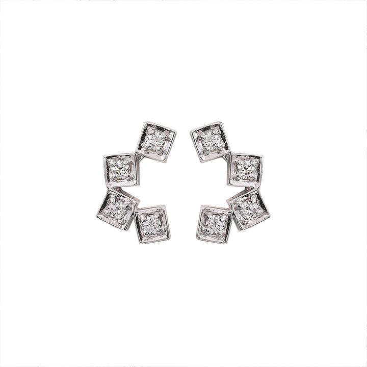 14K White Gold Half Circle with Four Square Diamond Earrings