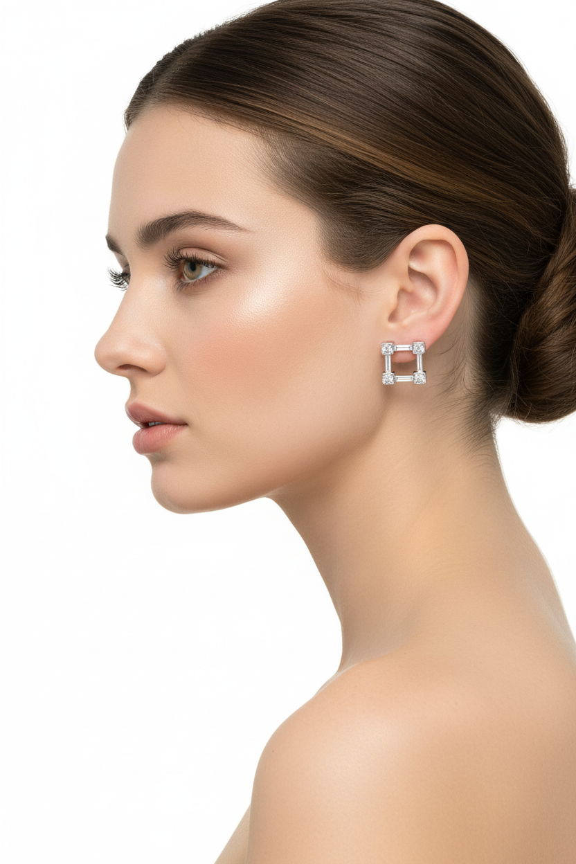 White Gold Square Shape Earrings setting with Four Diamonds on the corners 14k, TDW:0.18ct VS GH