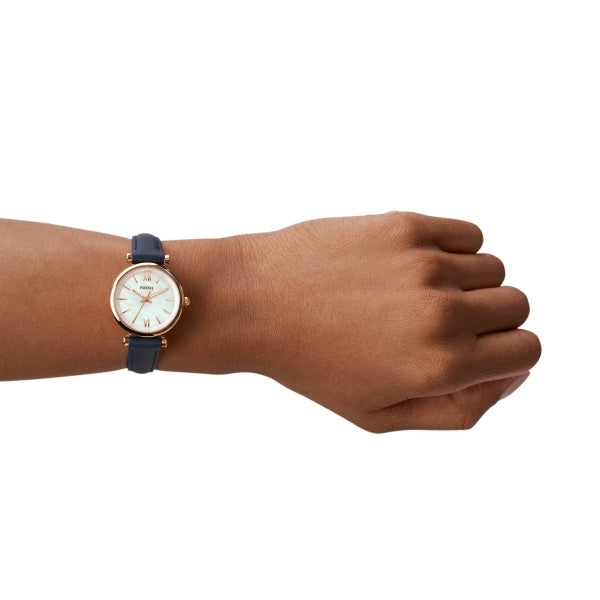 Fossil Carlie Rose Gold-Tone Blue Leather Watch 28mm ES4502