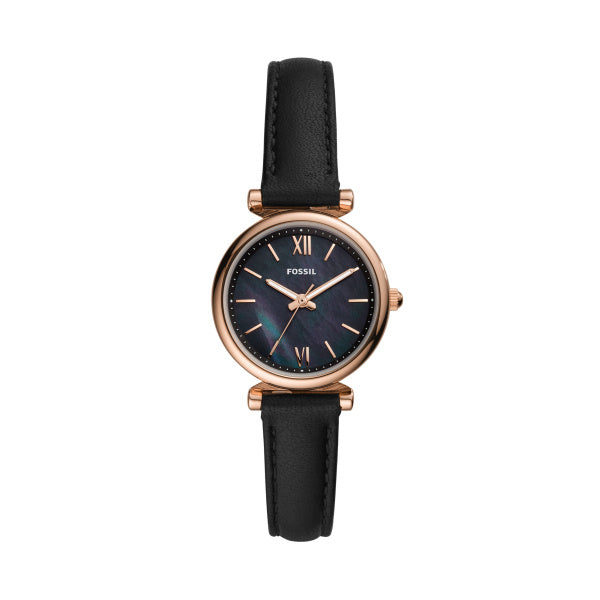 Fossil Carlie Rose Gold-Tone Black Leather Watch 28mm ES4700