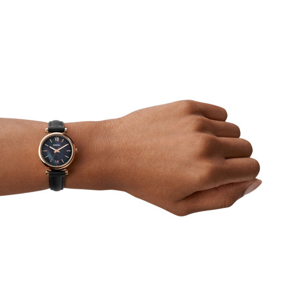 Fossil Carlie Rose Gold-Tone Black Leather Watch 28mm ES4700