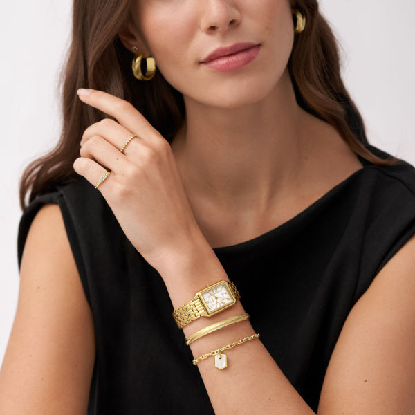Fossil Raquel Gold-Tone Bracelet Watch White Dial 23mm ES5220 - on wrist